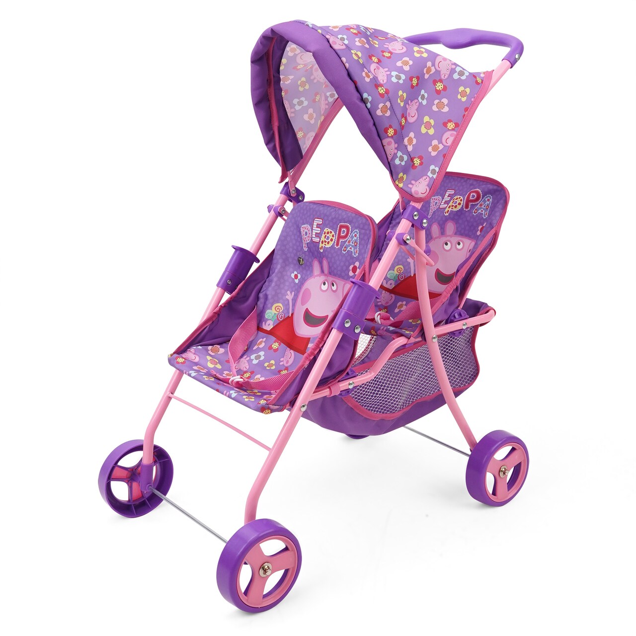 Peppa Pig: Doll Twin Stroller - Purple, Pink, Flowers - Seats 2 Dolls Up To 18", Foldable Design, Retractable Canopy, Adjustable Seats, Kid Toy Age 3+